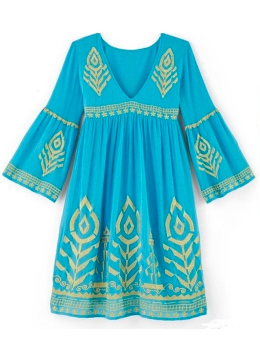 NEW Soft Surroundings Zaneta turquoise and metallic gold embroidered dress - Picture 2 of 8